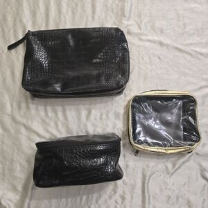EUC Lot of 3 Makeup Bags Steve Madden Estee Lauder Embossed Alligator Black Gold